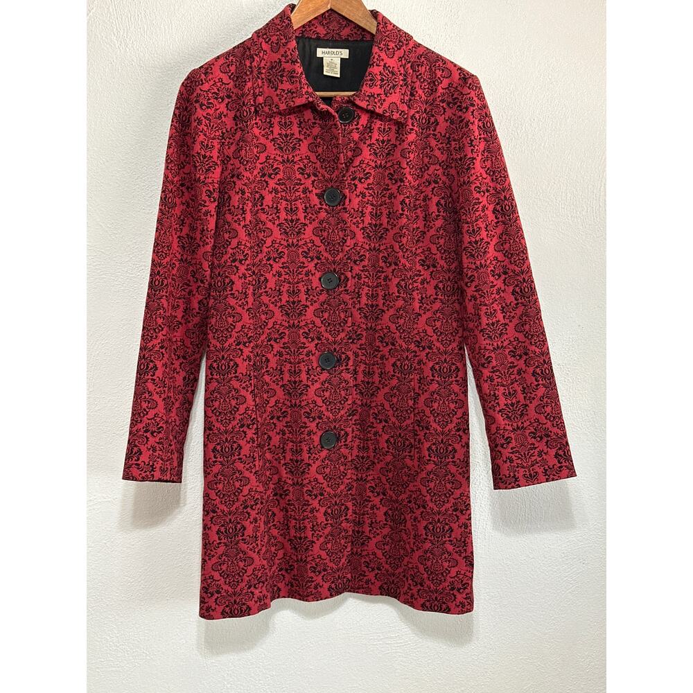 VTG Harold’s Victorian Print Midi Coat M Red Black Coquette Cottagecore Girly